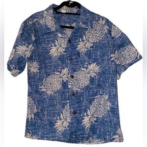 Vintage Hawaiian Palm Wave  Short Sleeve Shirt Blue Men's Medium Excellent